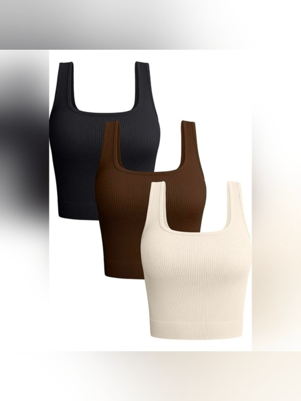 Ribbed Square Neck Crop Tank - 3-Pack (Black, Brown, Cream)